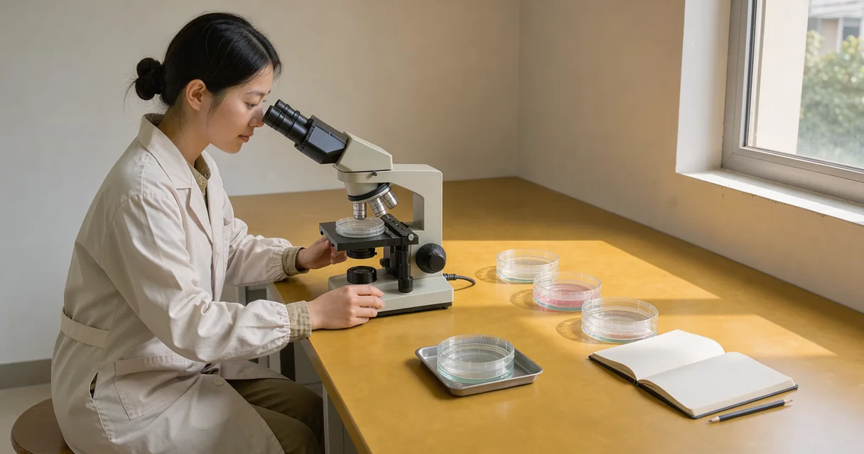 A laboratory technician adjusts a microscope beside covered culture dishes on a sunlit ochre workbench