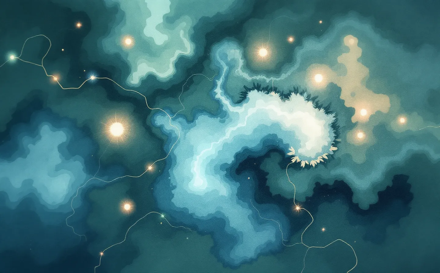A soft watercolor atlas plate of several winding sage, blue and seafoam paths starting at abstract precursor landmarks and converging on a single luminous river-blue confluence node, on a deep cool twilight-map ground
