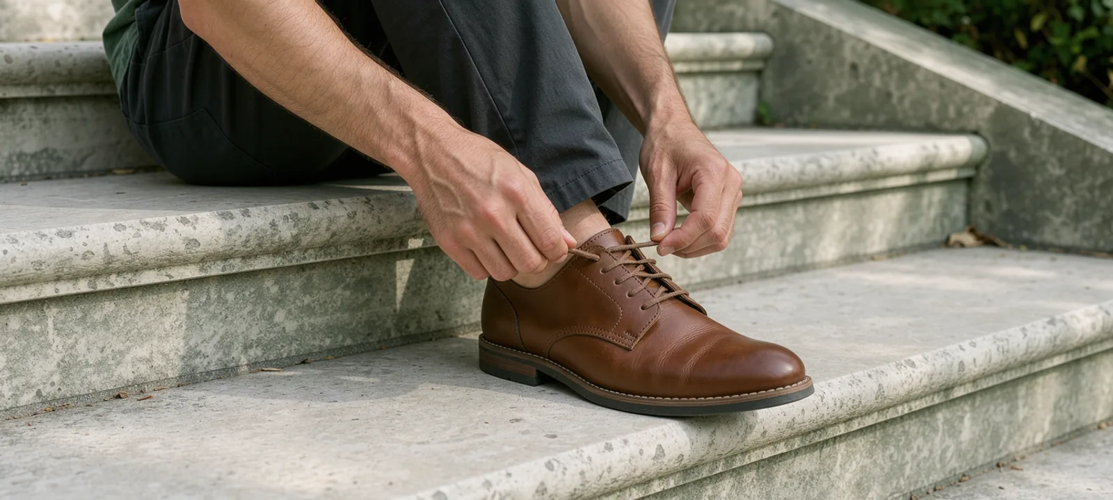 A person in casual trousers pauses to straighten the laces of a plain everyday shoe on an outdoor stair