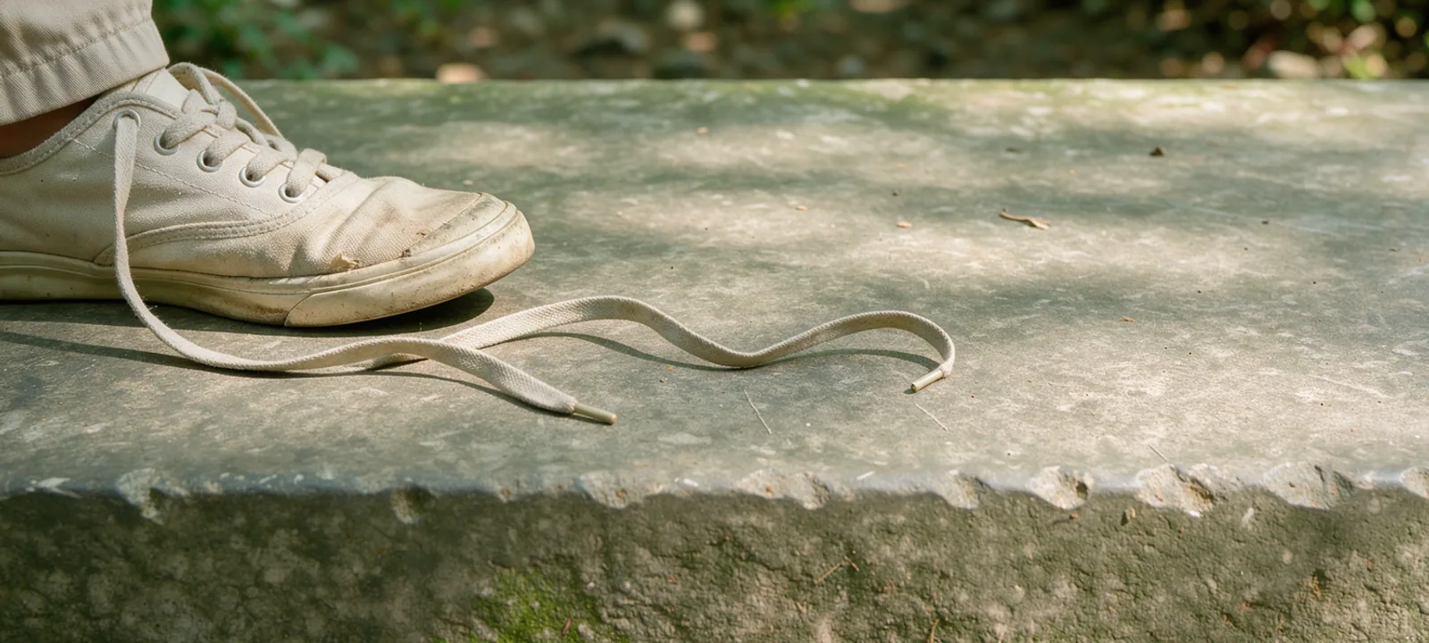 An untied cotton shoelace lies across a sunlit outdoor stone step beside an everyday shoe