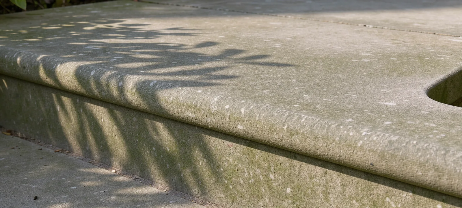Close view of a stone stair edge in sunlight with a leaf shadow falling across its surface